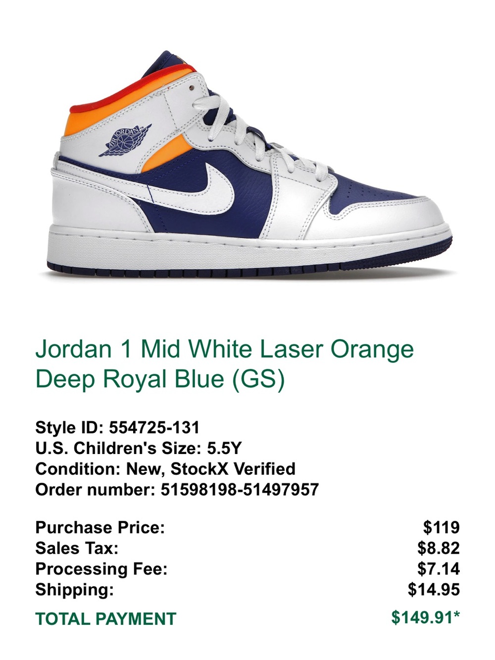 Nike Jordan 1 Mid White Deep Royal Blue Laser Orange